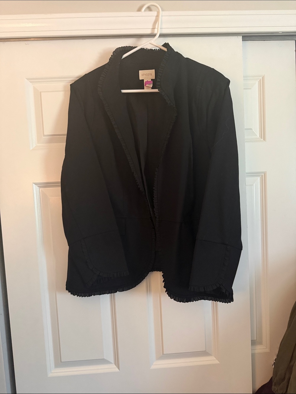 Chico's Black Open-Front Ruffle-Trim Blazer